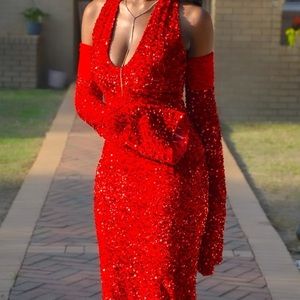 Red sequin dress with gloves